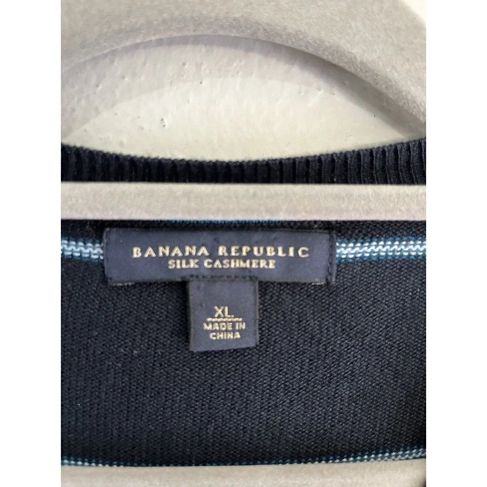 Banana Republic Silk Cashmere V Neck Striped Sweater Men XL Blue
